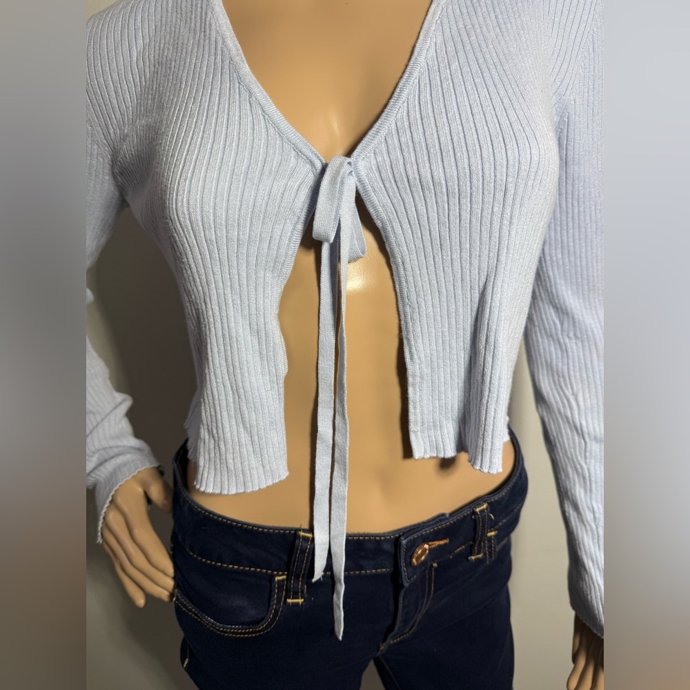 Garage Light Blue Front Tie Ribbed Women’s Cardi Cropped Size‎ P/Small - Picture 4 of 11